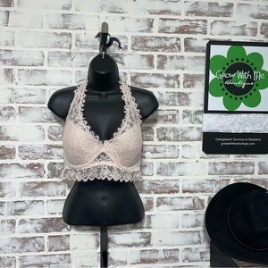 PINK Victoria's Secret Cream Lace Plunge halter Bra large